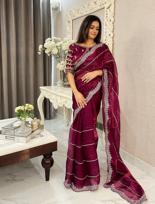 Beautiful Mirror Work Saree with Free Blouse